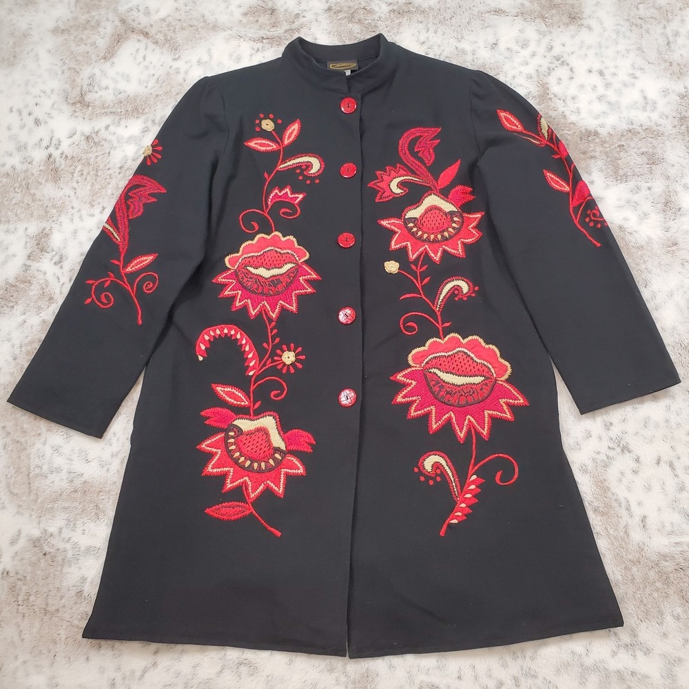 Vintage Allure Coat Tapestry Art Black & Red Embroidered Coat Womens Size Small